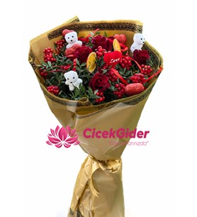 ayıcıklı gül buketi, romantik gül buketi, kırmızı gül hediye