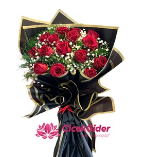 siyah gül buketi, 15 kırmızı gül, romantik çiçek, Mersin, 