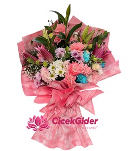 Pembe çiçek buketi, Online çiçek siparişi, Lilyum gerbera, 