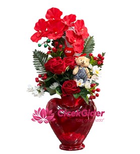 Ayıcıklı Çiçek Aranjman, Kırmızı Kalp Vazo, Mersin Çiçekçi, 